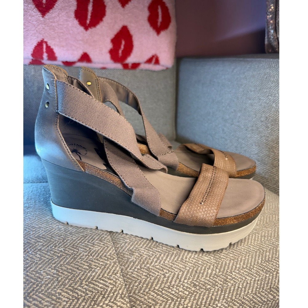 OTBT Half Moon Taupe Leather Elastic Platform Wedge Sandals Womens‎ 10M